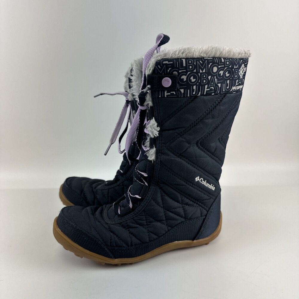 Columbia Mid II‎ Print Omni Heat Boot Navy Blue Lace Up Purple Faux Fur Girls 1